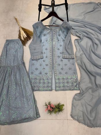 TRENDING GEORGETTE EMBROIDERY SEQUENCE REAL MIRROR WORK TOP SHARARA WITH DUPATTA SKY