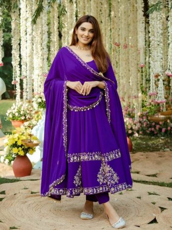 TRENDING GEORGETTE EMBROIDERY SEQUENCE WORK GOWN BOTTOM WITH DUPATTA PURPLE