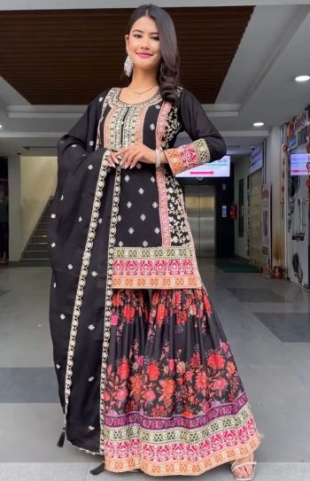 TRENDING GEORGETTE EMBROIDERY SEQUENCE WORK TOP SHARARA WITH DUPATTA BLACK