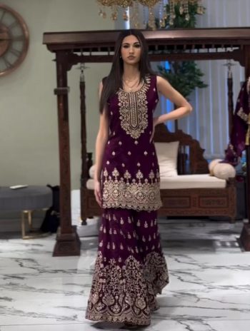 TRENDING GEORGETTE EMBROIDERY SEQUENCE WORK TOP SHARARA WITH DUPATTA WINE