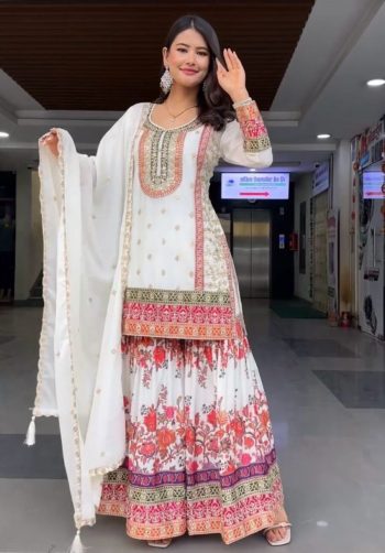 TRENDING GEORGETTE EMBROIDERY SEQUENCE WORK TOP SHARARA WITH DUPATTA WHITE