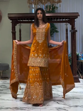 TRENDING GEORGETTE EMBROIDERY SEQUENCE WORK TOP SHARARA WITH DUPATTA YELLOW