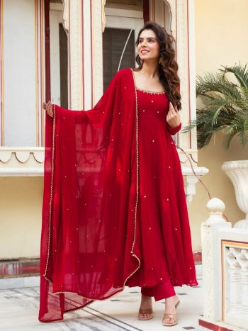 TRENDING GEORGETTE DIAMOND HAND WORK GOWN BOTTOM WITH DUPATTA RED