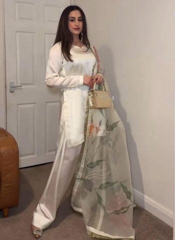 TRENDING JAPAN SATIN PLAIN TOP PATIYALA WITH TABBY SILK PRINTED DUPATTA WHITE