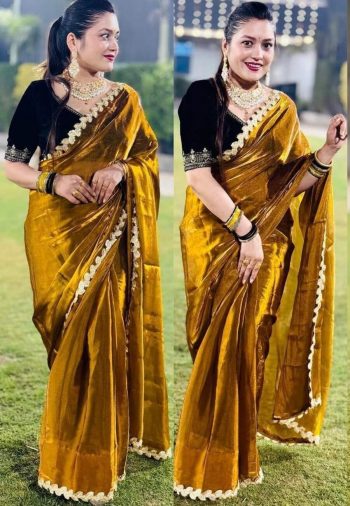 TRENDING JIMMY CHOO EMBROIDERY CODING & SEQUENCE BORDER WORK SAREE WITH UNSTITCHED BLOUSE YELLOW