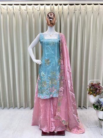 TRENDING JIMMY CHOO EMBROIDERY WORK TOP PALAZZO WITH DUPATTA SKY