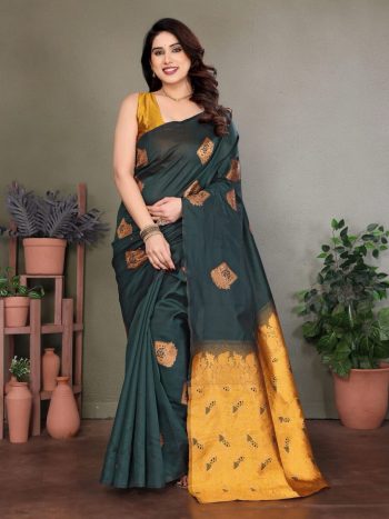 TRENDING LICHI SILK JACQUARD WORK SAREE WITH UNSTITCHED BLOUSE GREEN