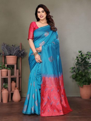 TRENDING LICHI SILK JACQUARD WORK SAREE WITH UNSTITCHED BLOUSE SKY