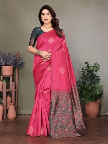 TRENDING LICHI SILK JACQUARD WORK SAREE WITH UNSTITCHED BLOUSE PINK