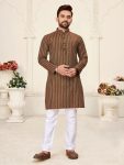 TRENDING LINEN COTTON JACQUARD WORK MEN'S KURTA WITH PAYJAMA BROWN