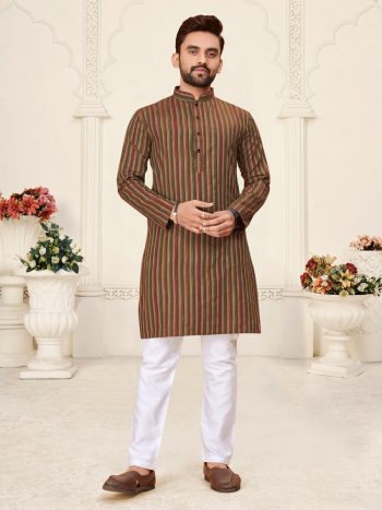 TRENDING LINEN COTTON JACQUARD WORK MEN'S KURTA WITH PAYJAMA BROWN