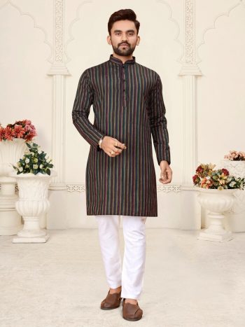 TRENDING LINEN COTTON JACQUARD WORK MEN'S KURTA WITH PAYJAMA BLACK