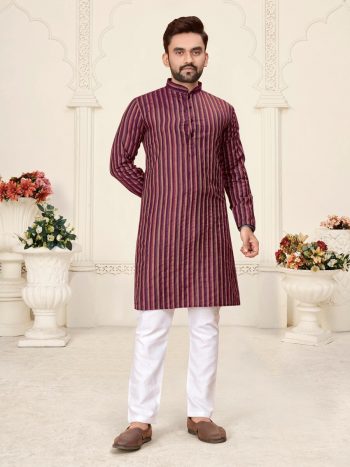 TRENDING LINEN COTTON JACQUARD WORK MEN'S KURTA WITH PAYJAMA WINE