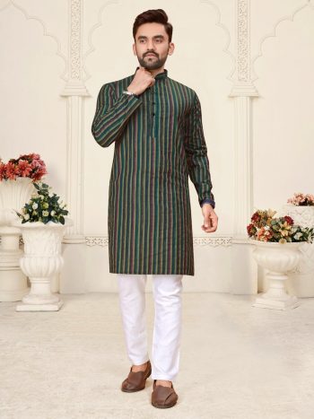 TRENDING LINEN COTTON JACQUARD WORK MEN'S KURTA WITH PAYJAMA GREEN