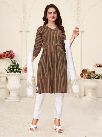 TRENDING LINEN COTTON JACQUARD WORK TOP BOTTOM WITH DUPATTA BROWN