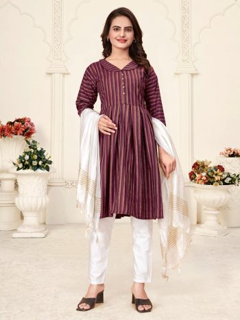 TRENDING LINEN COTTON JACQUARD WORK TOP BOTTOM WITH DUPATTA WINE