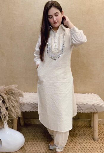 TRENDING LUREX FABRIC COIN LACE WORK TOP WITH AFGHANI STYLE BOTTOM WHITE