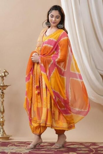 TRENDING MUSLIN PRINTED EMBROIDERY LACE WORK GOWN BOTTOM WITH DUPATTA YELLOW
