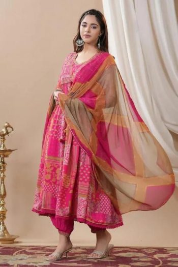 TRENDING MUSLIN PRINTED EMBROIDERY LACE WORK GOWN BOTTOM WITH DUPATTA PINK