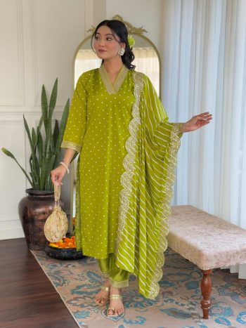 TRENDING MUSLIN PRINTED EMBROIDERY WORK TOP BOTTOM WITH DUPATTA MEHNDI
