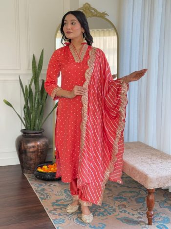TRENDING MUSLIN PRINTED EMBROIDERY WORK TOP BOTTOM WITH DUPATTA ORANGE