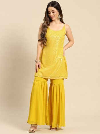 TRENDING POLYSTER KNITTET WEAVING MOTIF PRINTED KURTI WITH SHARARA YELLOW