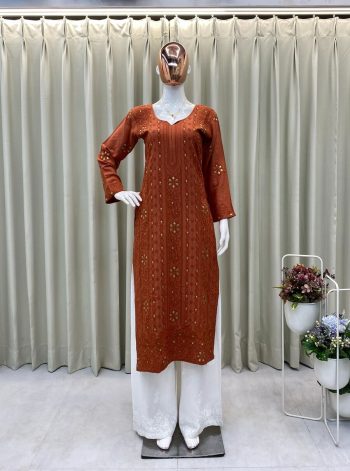 TRENDING RAYON EMBROIDERY FOIL THREAD WORK KURTI PALAZZO SET ORANGE