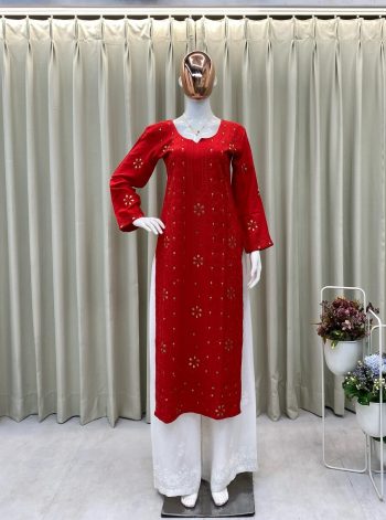 TRENDING RAYON EMBROIDERY FOIL THREAD WORK KURTI PALAZZO SET RED
