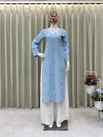 TRENDING RAYON EMBROIDERY FOIL THREAD WORK KURTI PALAZZO SET SKY