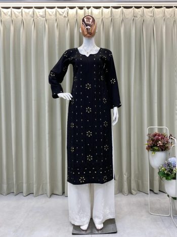 TRENDING RAYON EMBROIDERY FOIL THREAD WORK KURTI PALAZZO SET BLACK