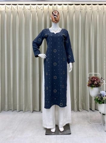 TRENDING RAYON EMBROIDERY FOIL THREAD WORK KURTI PALAZZO SET GREY