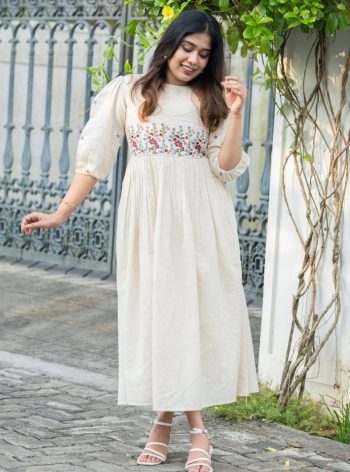 TRENDING RAYON FLORAL EMBROIDERY AND CROCHET LACE ON YOKE ONLY ONE PIECE OFF WHITE