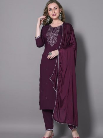 TRENDING SILK BLEND EMBROIDERY WORK TOP BOTTOM WITH DUPATTA WINE