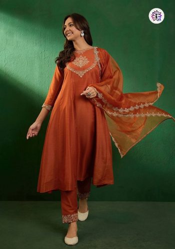 TRENDING SILK EMBROIDERY WORK TOP BOTTOM WITH DUPATTA ORANGE