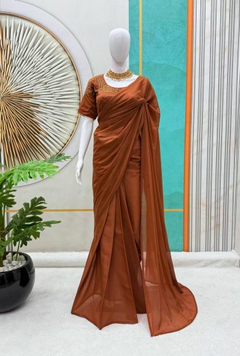 TRENDING STAR GEORGETTE HANDFWORK READY TO WEAR SAREE WITH STITCHED BLOUSE BROWN