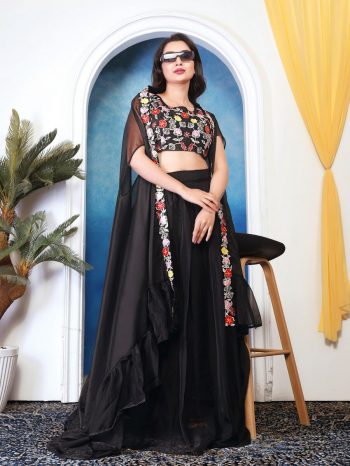TRENDING TABBY SILK EMBROIDERY SEQUENCE WORK LEHENGA CHOLI WITH KOTI BLACK