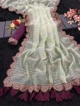 TRENDING TISSUE NET EMBROIDERY BORDER WORK SAREE WITH UNSTITCHED BLOUSE MINT