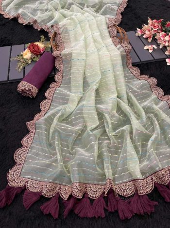 TRENDING TISSUE NET EMBROIDERY BORDER WORK SAREE WITH UNSTITCHED BLOUSE MINT