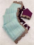 TRENDING TISSUE NET EMBROIDERY BORDER WORK SAREE WITH UNSTITCHED BLOUSE PARTY WEAR WHOLESALE PRICE ETHNIC GARMENT (4)