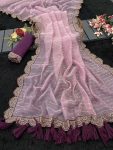 TRENDING TISSUE NET EMBROIDERY BORDER WORK SAREE WITH UNSTITCHED BLOUSE BABY PINK