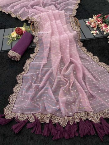 TRENDING TISSUE NET EMBROIDERY BORDER WORK SAREE WITH UNSTITCHED BLOUSE BABY PINK