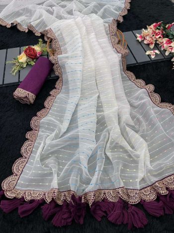 TRENDING TISSUE NET EMBROIDERY BORDER WORK SAREE WITH UNSTITCHED BLOUSE WHITE