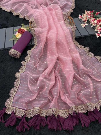 TRENDING TISSUE NET EMBROIDERY BORDER WORK SAREE WITH UNSTITCHED BLOUSE PINK