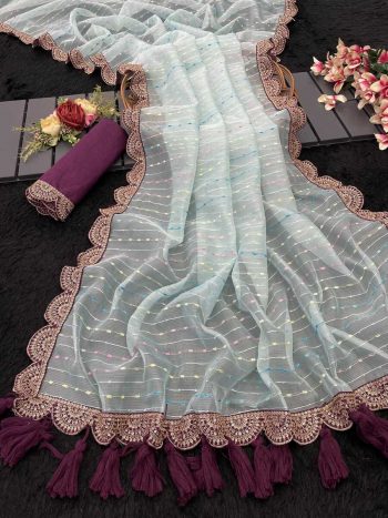 TRENDING TISSUE NET EMBROIDERY BORDER WORK SAREE WITH UNSTITCHED BLOUSE SKY