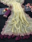 TRENDING TISSUE NET EMBROIDERY BORDER WORK SAREE WITH UNSTITCHED BLOUSE YELLOW