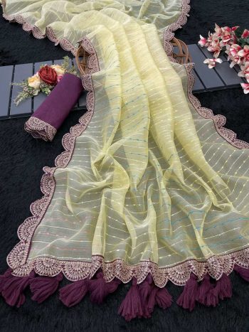 TRENDING TISSUE NET EMBROIDERY BORDER WORK SAREE WITH UNSTITCHED BLOUSE YELLOW