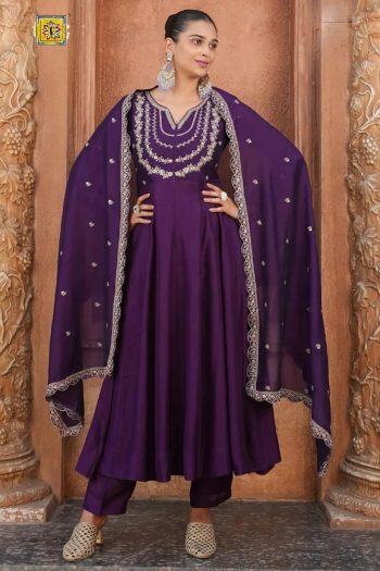 TRENDING VICHITRA SILK EMBROIDERY WORK TOP BOTTOM WITH DUPATTA PURPLE