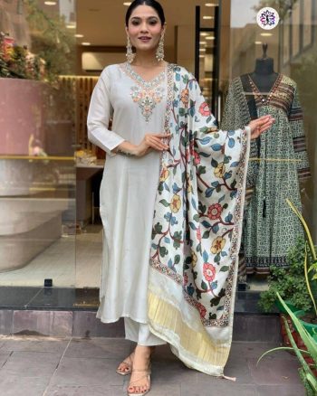 TRENDING VISCOSE CHANDERI SILK EMBROIDERY WORK TOP BOTTOM WITH DUPATTA GREY