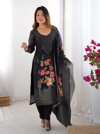 RICH LOOK CHANDERI SILK JACQUARD WORK WITH DIGITAL PRINTED TOP BOTTOM DUPATTA BLACK