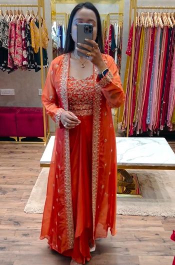 DESIGNER CHINON EMBROIDERY SEQUENCE WORK DRAPE SKIRT BLOUSE WITH SHRUG ORANGE